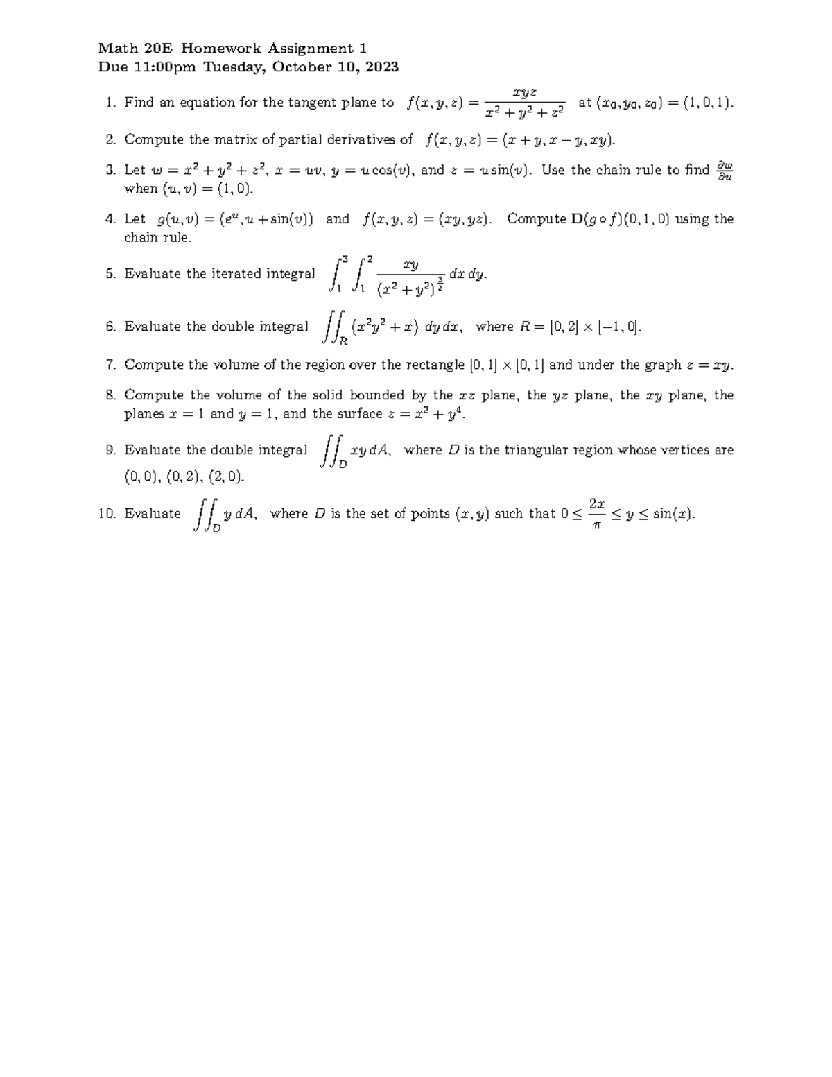 Homework 1 practice question Math 20E Homework Assignment 1 Due 11