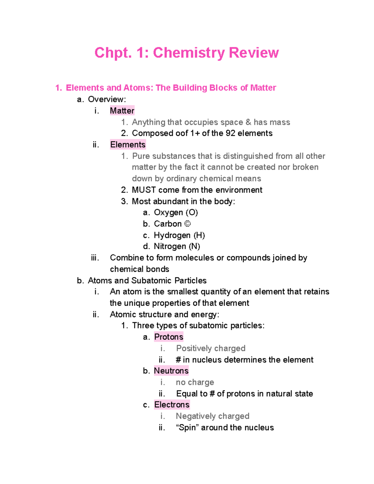 Bio 161 chpt.1 notes - Chpt. 1: Chemistry Review 1. Elements and Atoms ...