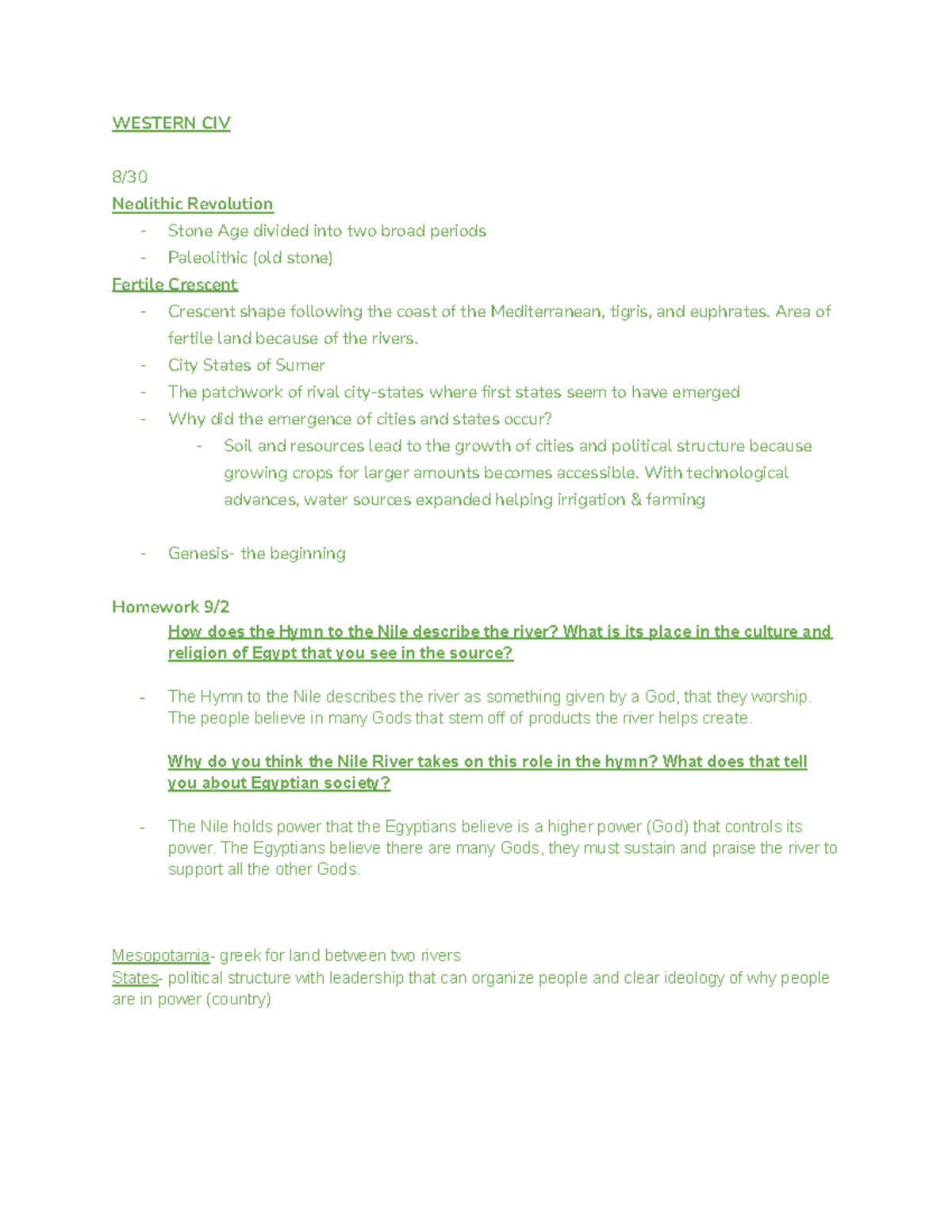Western Civ Notes - WESTERN CIV 8/ Neolithic Revolution Stone Age ...