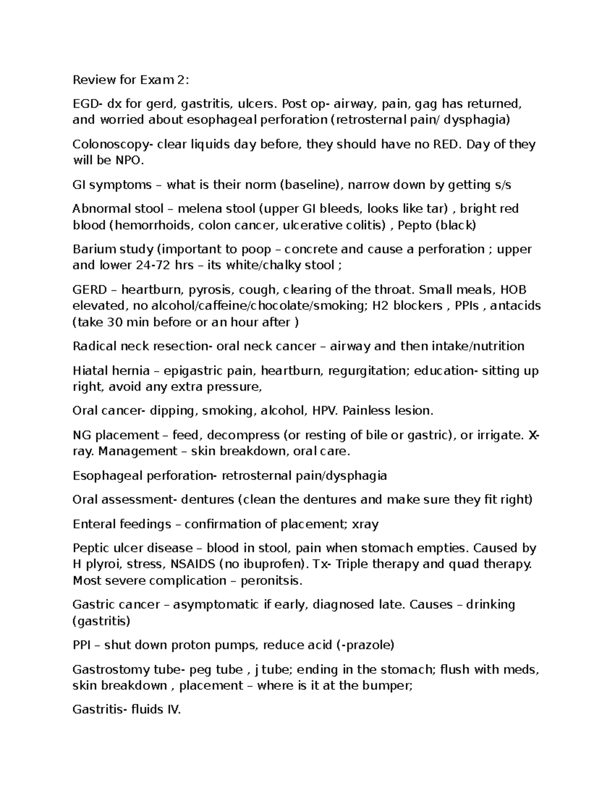 Review for Exam 2 - study guide - Review for Exam 2: EGD- dx for gerd ...