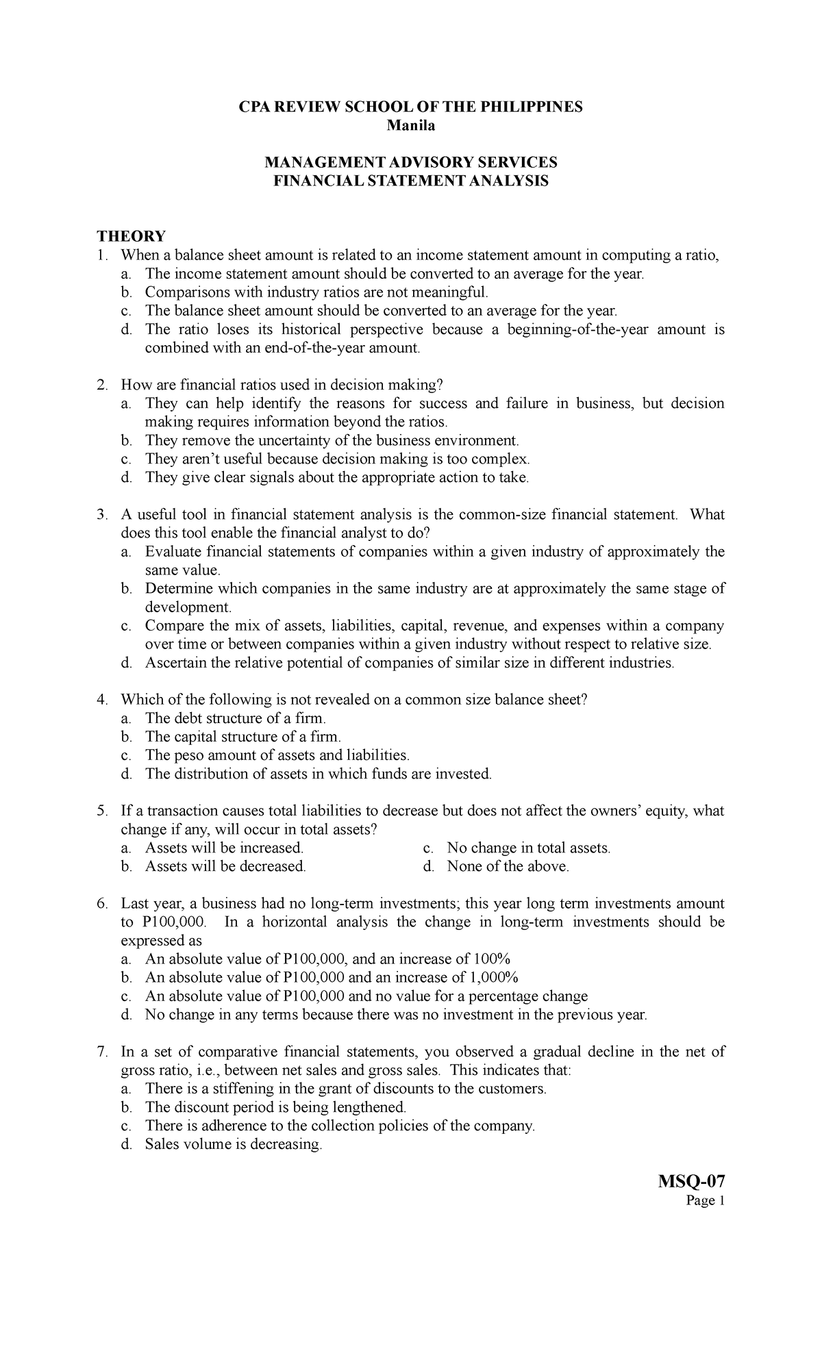 Financial Statement Analysis - Management Advisory Services Review ...