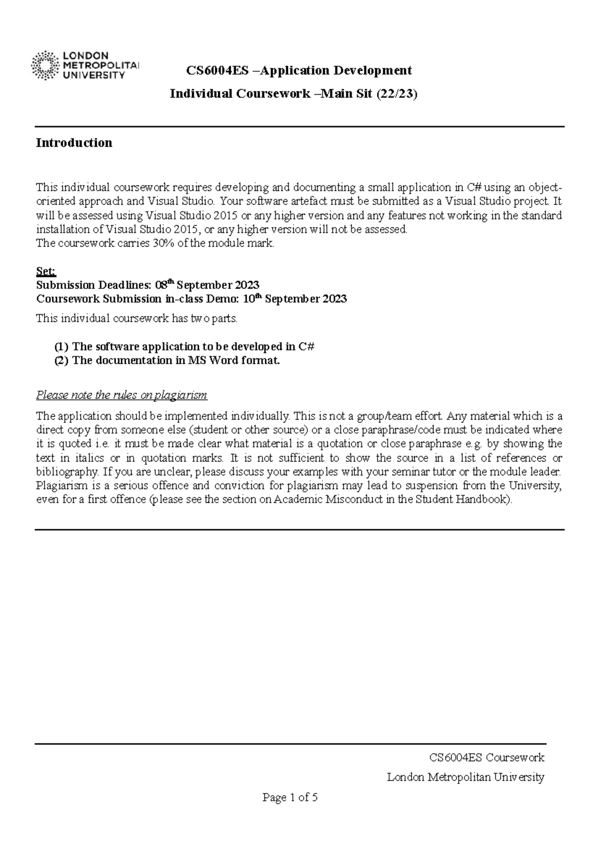 CS6004ES MS Coursework 22 23 - Introduction CS6004ES –Application ...