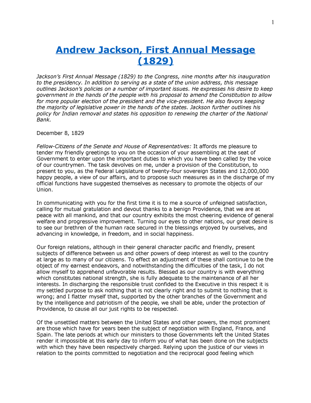 andrew jackson first annual message to congress