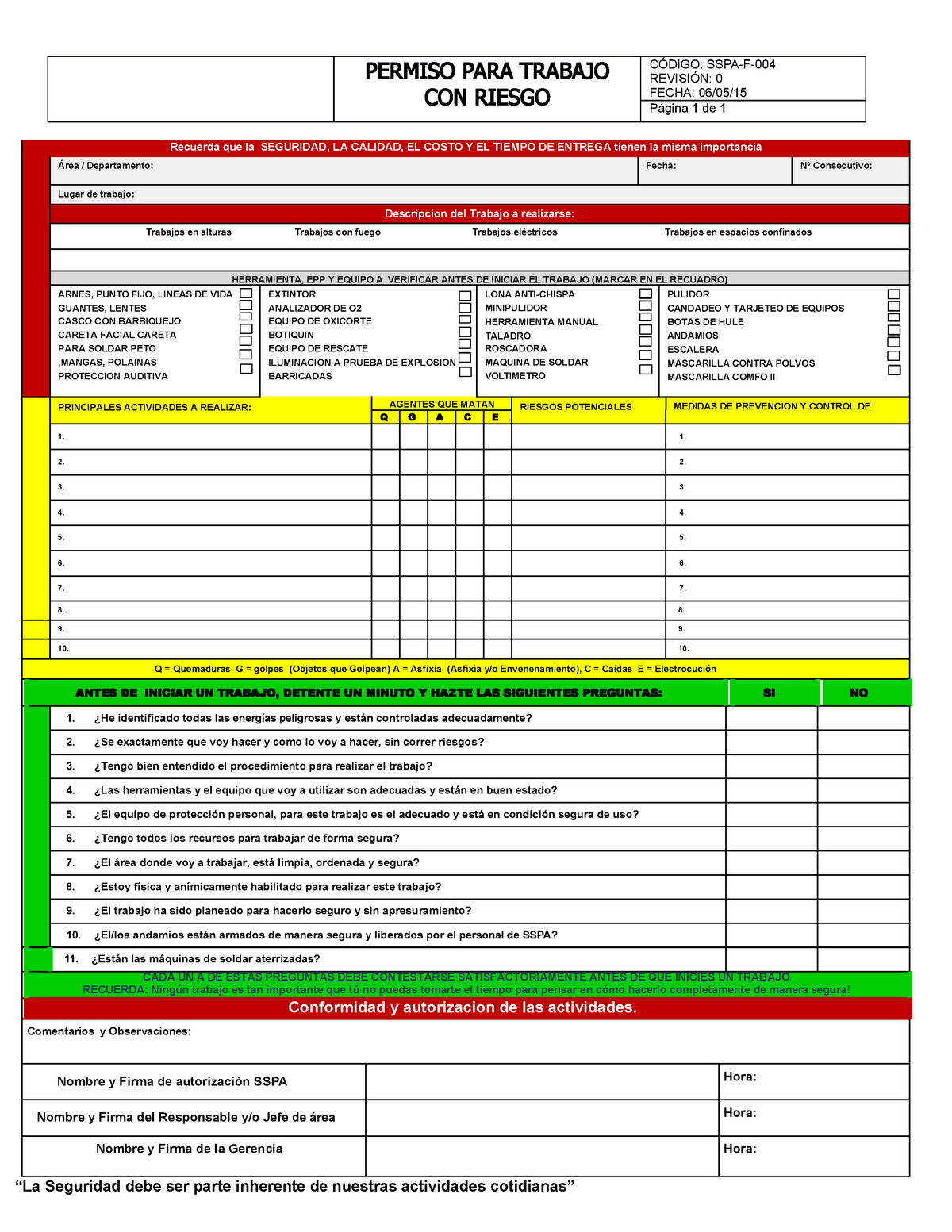 Permiso Para Trabajo De Alto Riesgos Permiso Para Trabajo Con Riesgo CÓdigo Sspa F RevisiÓn 2912