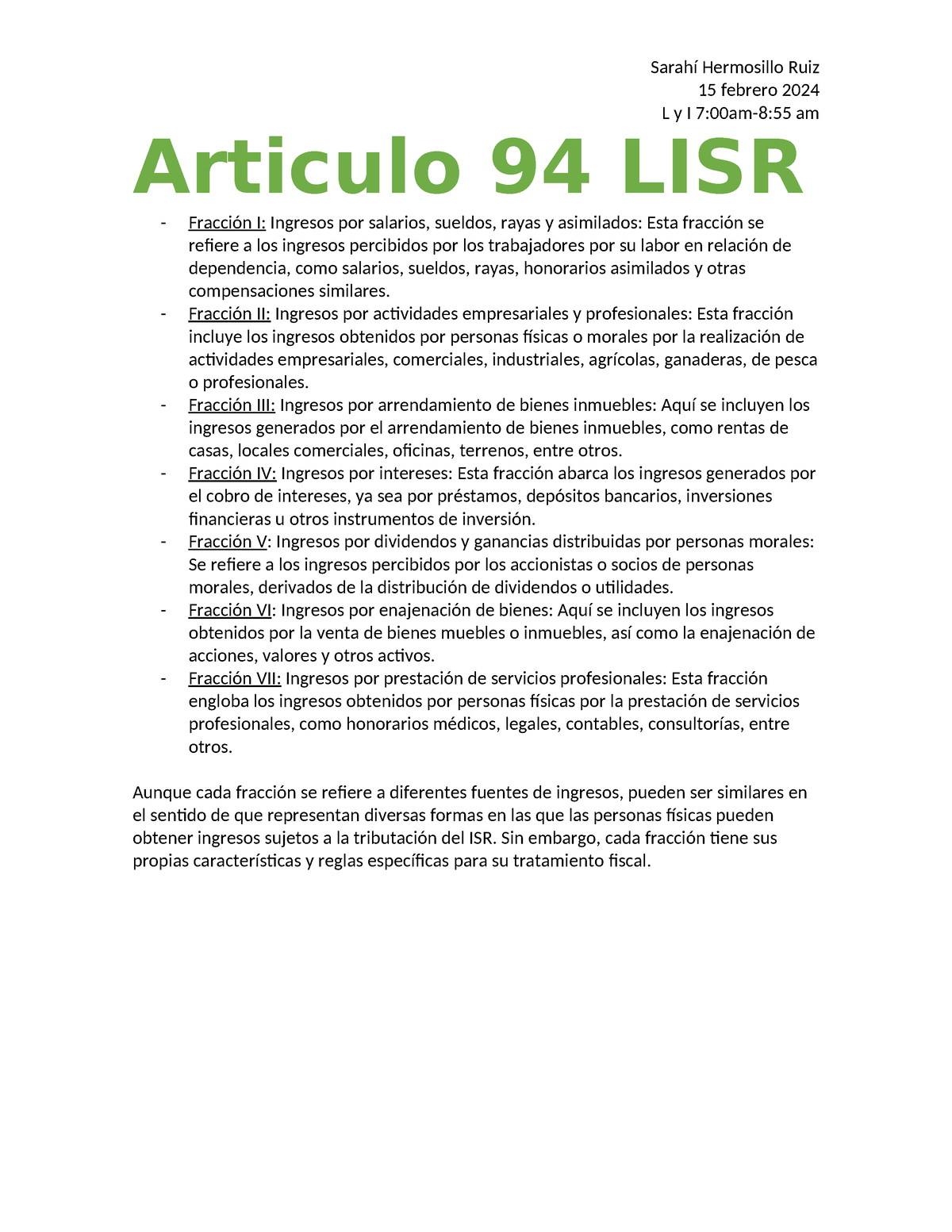 Articulo 94 LISR 7 fracc - Sarahí Hermosillo Ruiz 15 febrero 2024 L y I ...