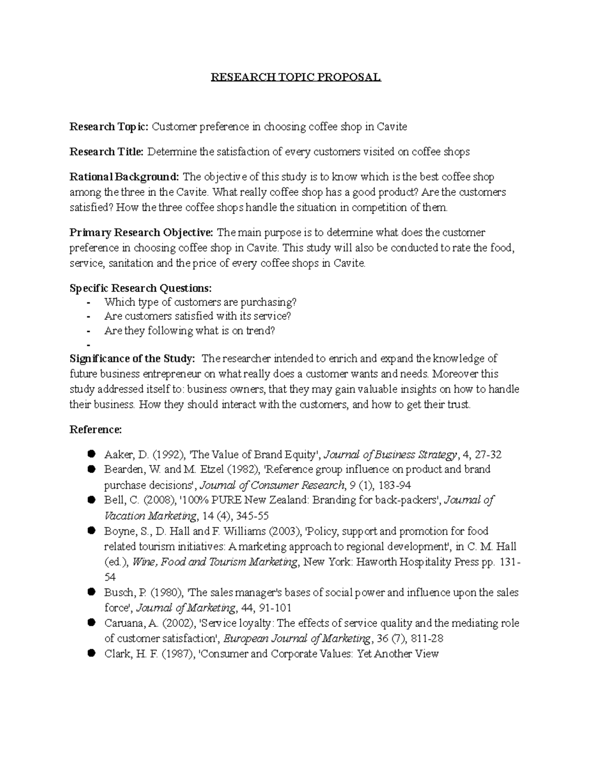 Topic Proposals - RESEARCH TOPIC PROPOSAL Research Topic: Customer ...