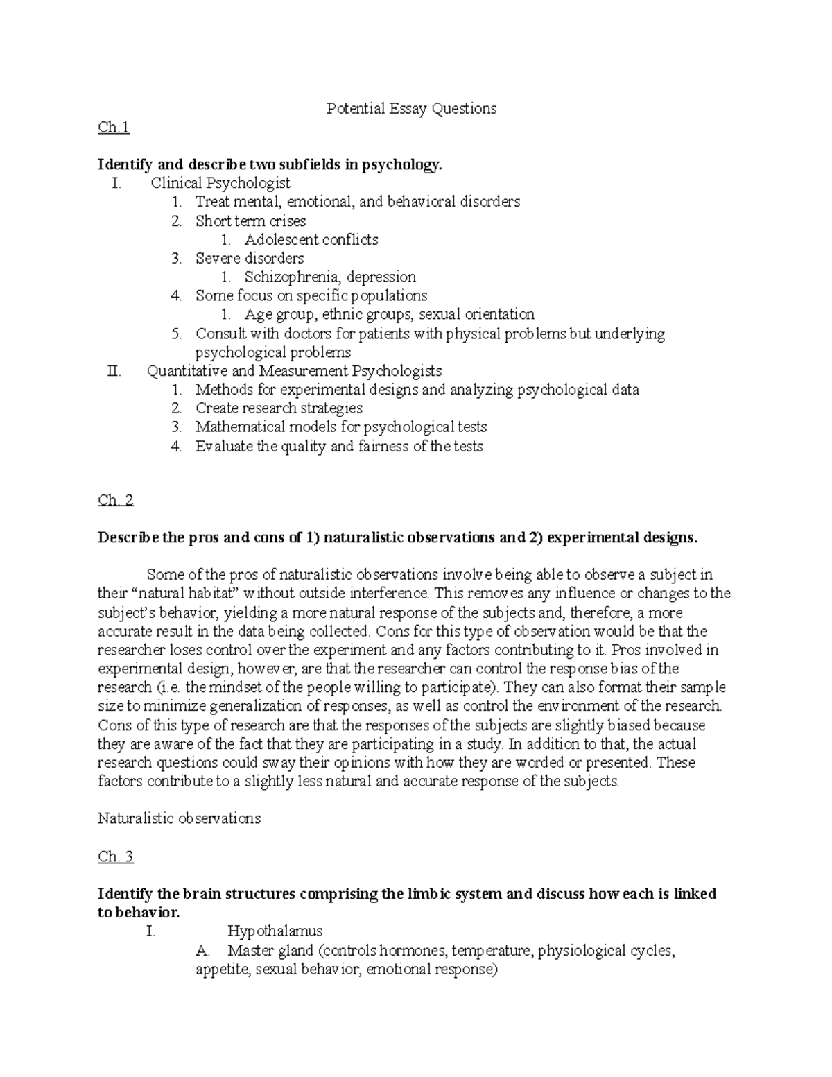 Outline for essay question on exam 1 covering chapters 1-5 - Potential ...