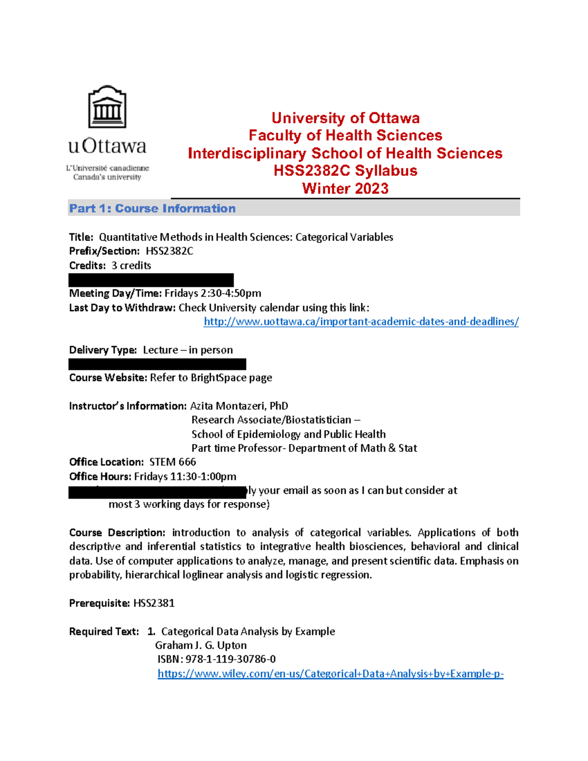 Outline-HSS2382 C- W231 - University of Ottawa Faculty of Health Sciences  Interdisciplinary School - Studocu