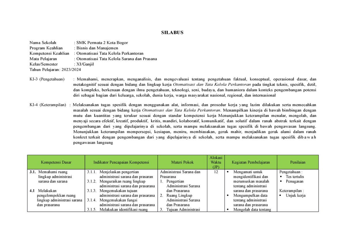 Silabus Sarpras XI - SILABUS Nama Sekolah : SMK Permata 2 Kota Bogor ...