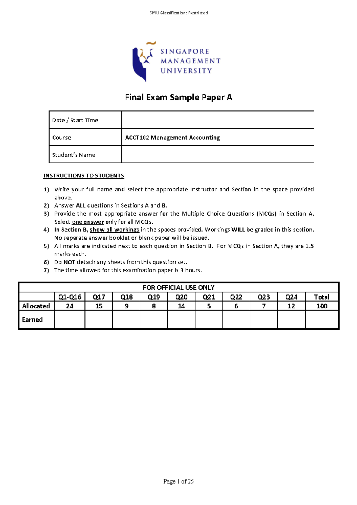 3A Final Exam Sample Paper A Jan 2022 - Final Exam Sample Paper A Date ...