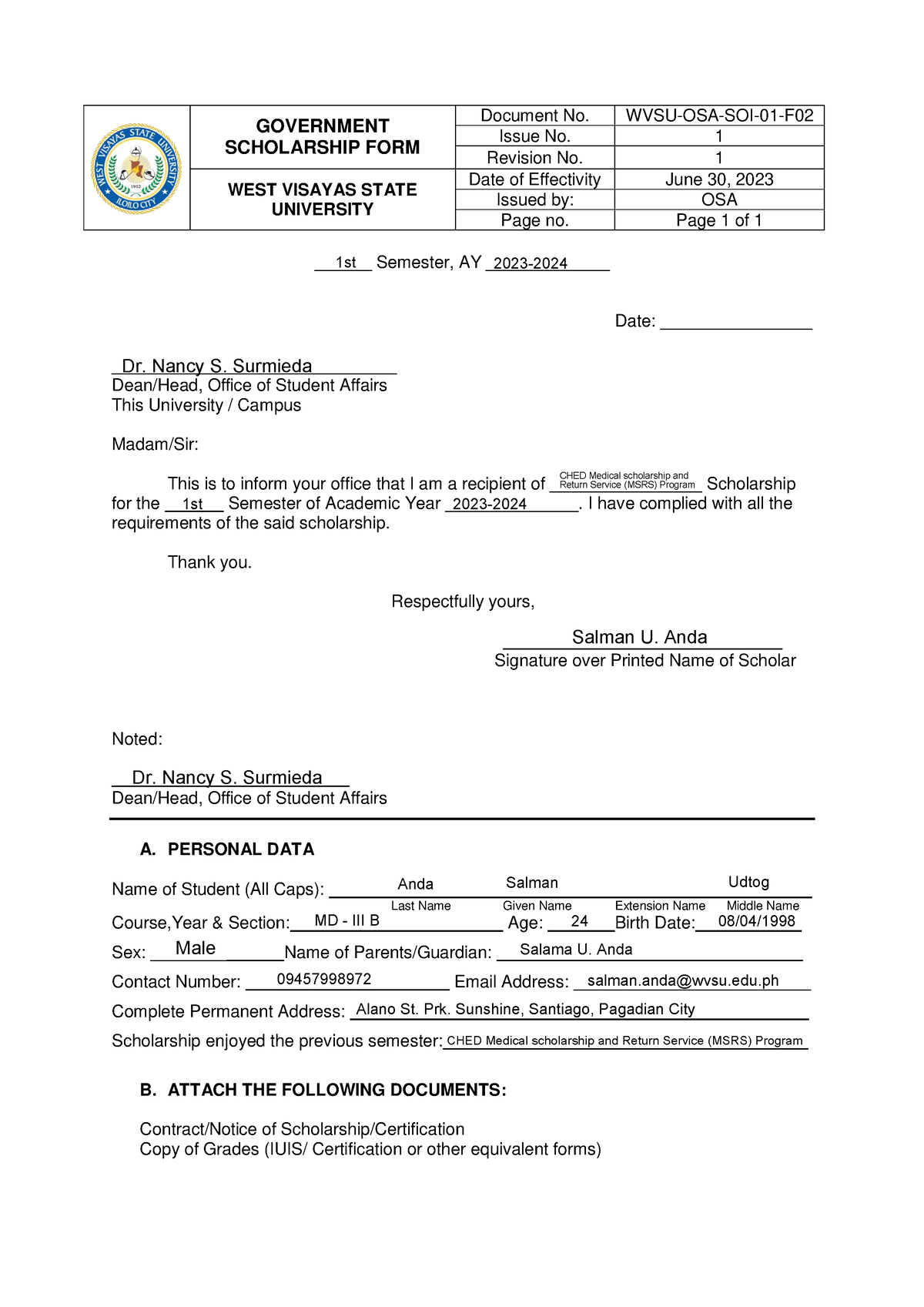 Msrs-1 - Nope - Government Scholarship Form Document No. Wvsu-osa-soi 