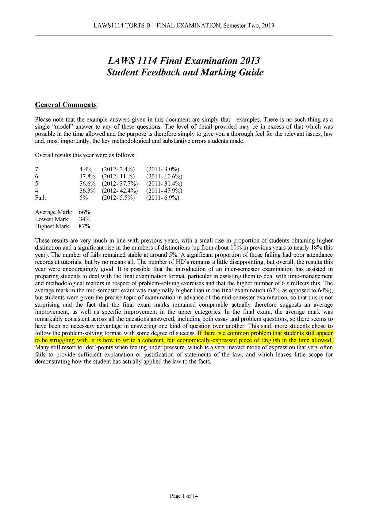 Exam 2013, Answers - TORTS B FINAL EXAMINATION, Semester Two, 2013 LAWS ...