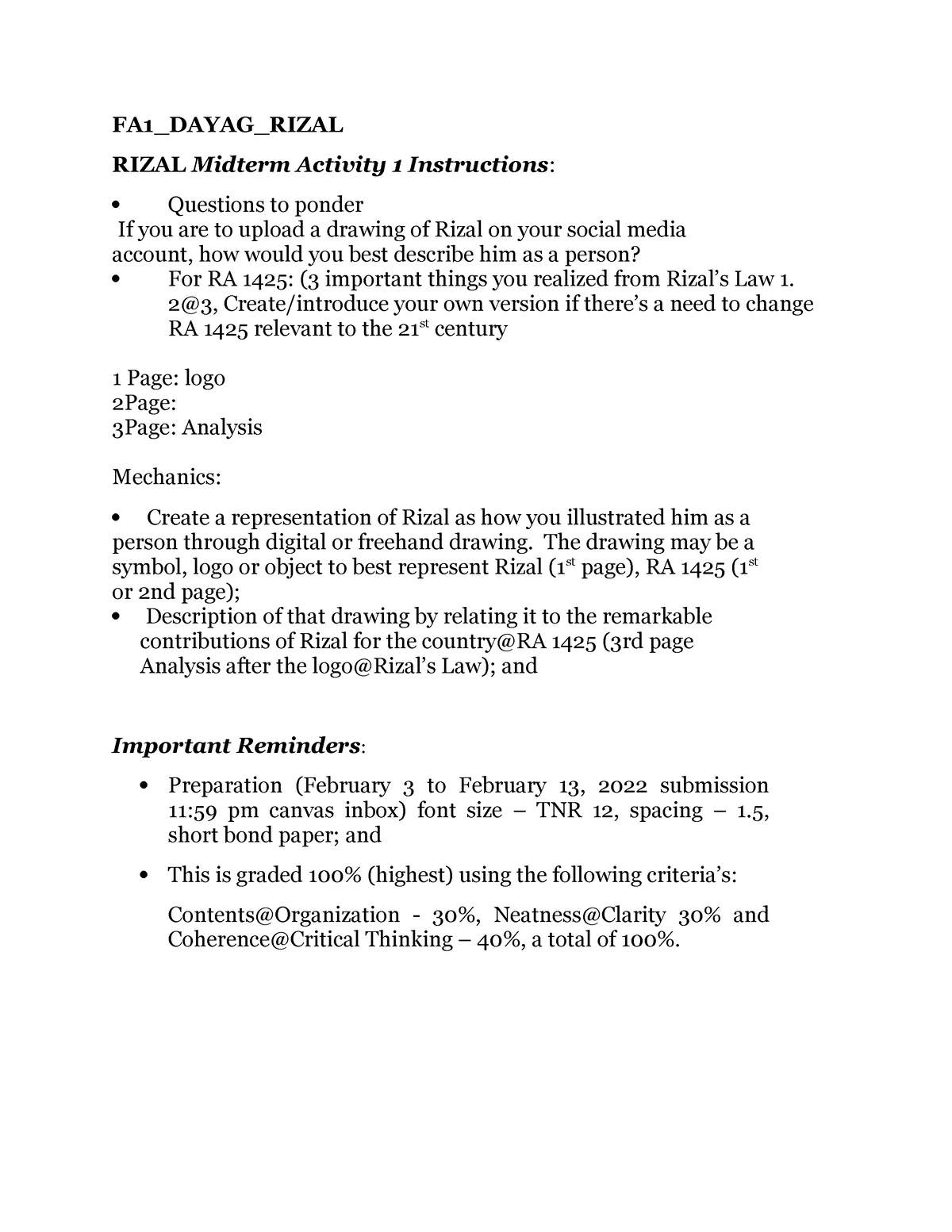 Rizal 2nd Sem Midterm Activity 1 Instructions February 3 2022 - FA1 ...