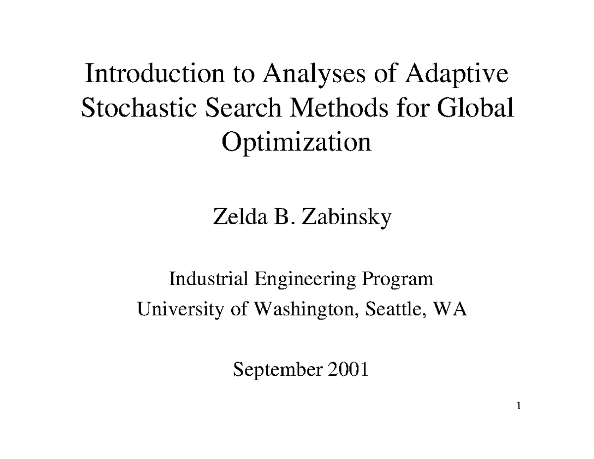 Lecture Notes, Introduction to Analyses of Adaptive Stochastic Search ...