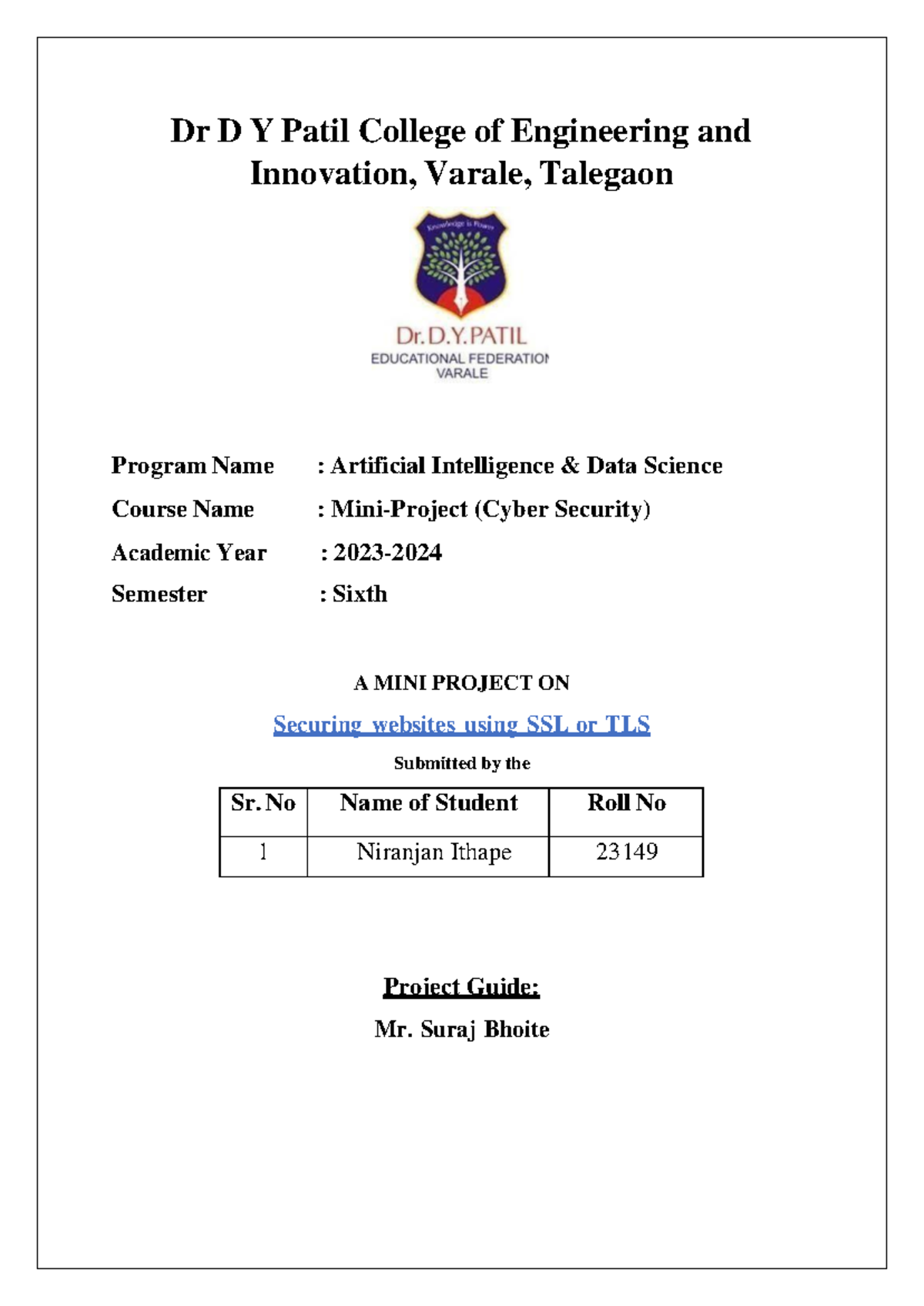 Cs mini first pages Niranjan - Dr D Y Patil College of Engineering and ...