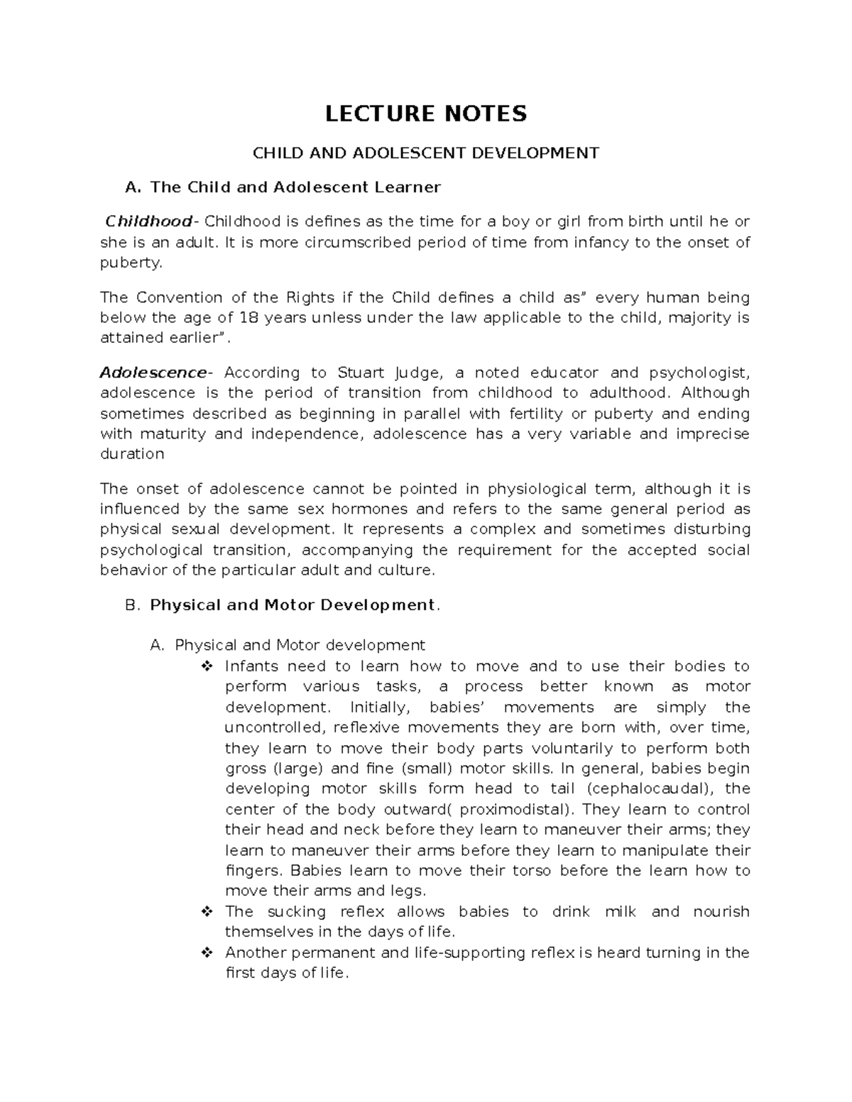 Child And Adolescent Development LECTURE NOTES CHILD AND ADOLESCENT 
