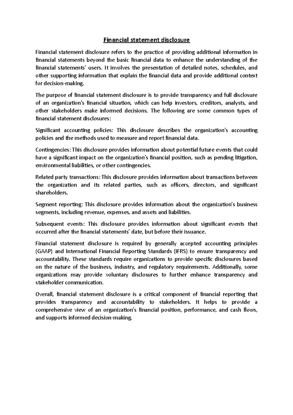 Financial statement disclosure - Financial statement disclosure ...