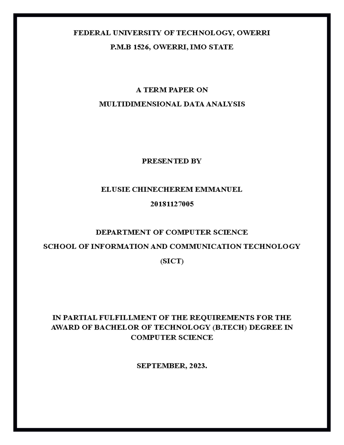CSC 513 Term Paper on MULTIDIMENSIONAL DATA ANALYSIS - FEDERAL ...