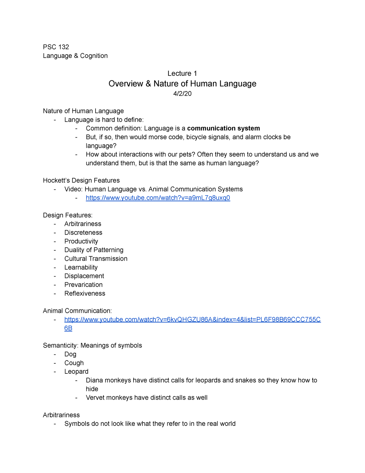 Psc 132 Notes (lecture 1) - PSC 132 Language & Cognition Lecture 1  Overview & Nature of - Studocu