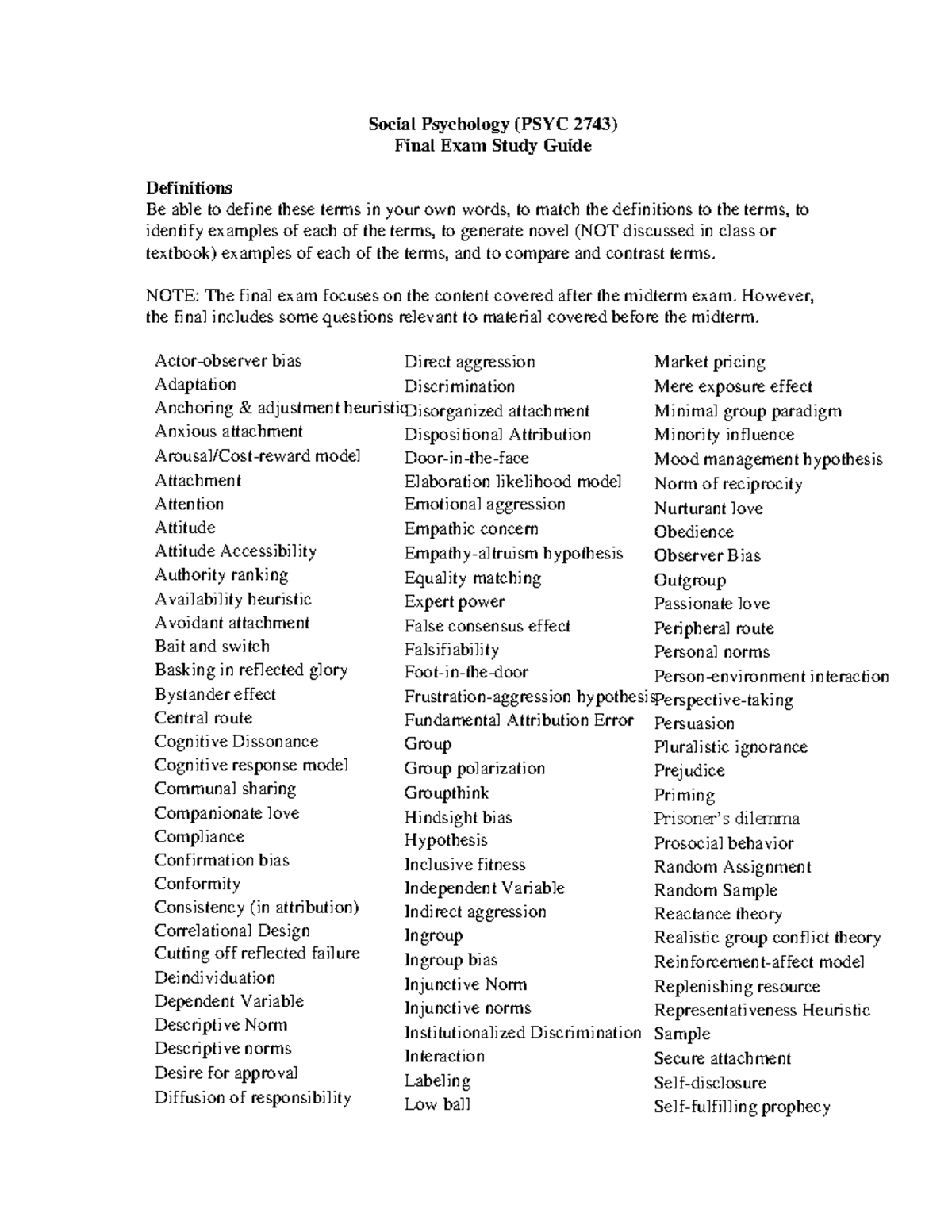 Study Guide Final Exam - Sznycer - Social Psychology (PSYC 2743) Final ...