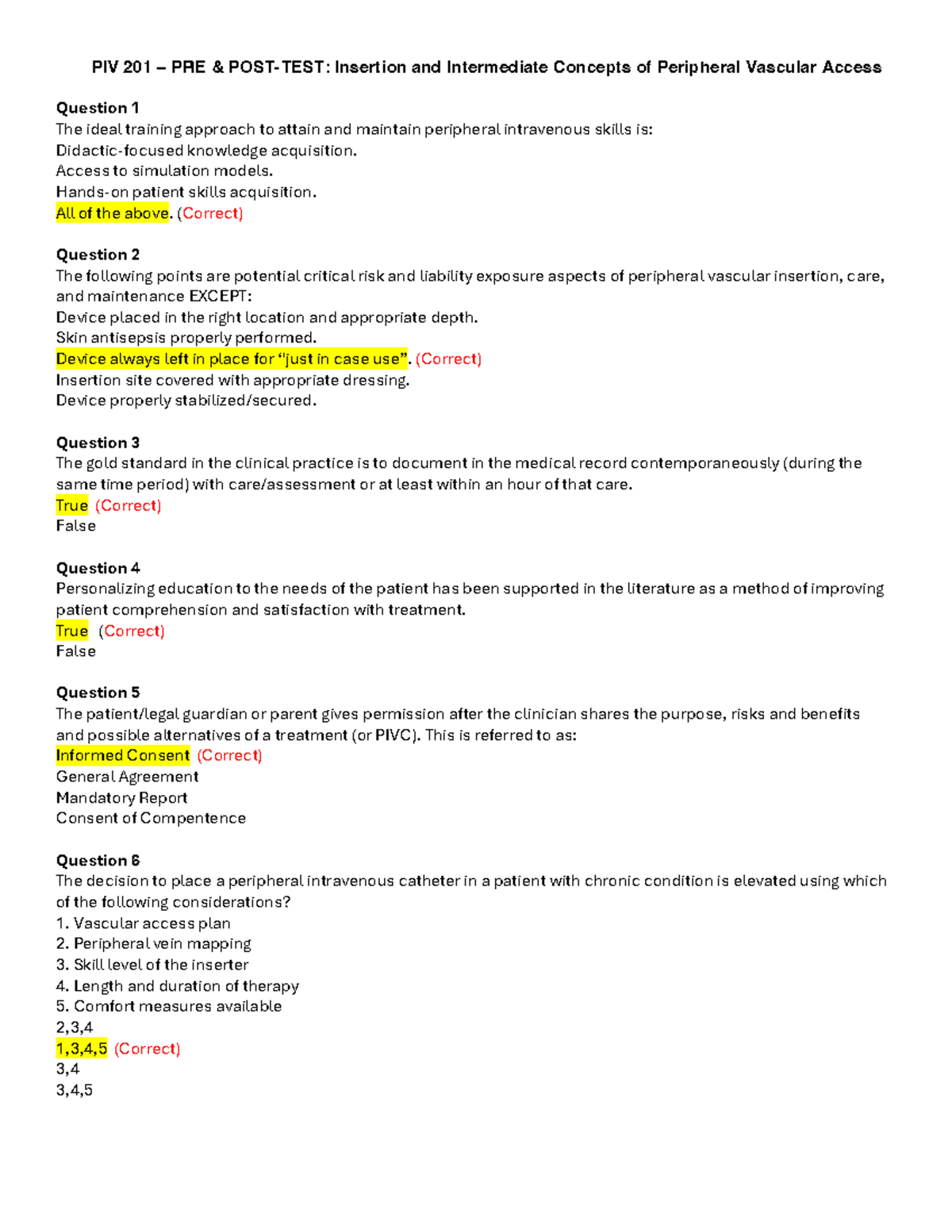 Nursing 111 PIV 201 Pre Post test - PIV 201 – PRE & POST-TEST ...