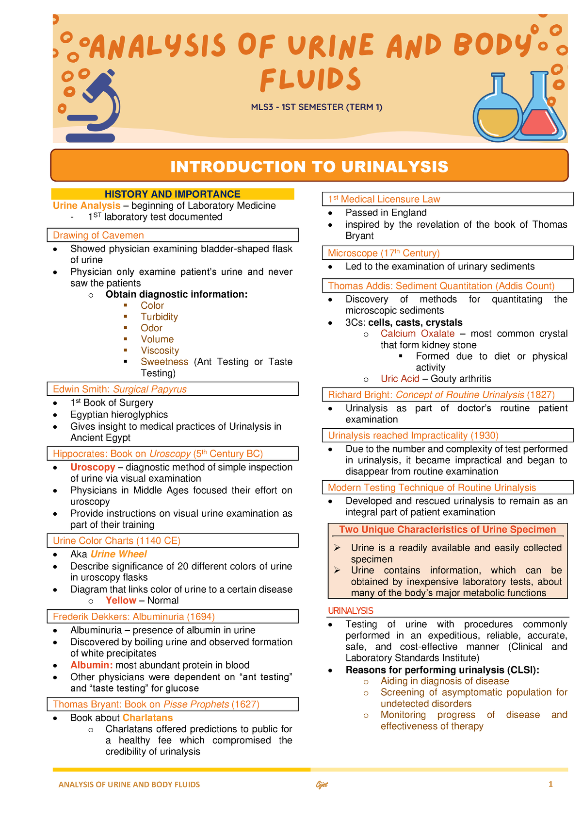 AUBF Notes - 1 Introduction To Urinalysis - ANALYSIS OF URINE AND BODY ...