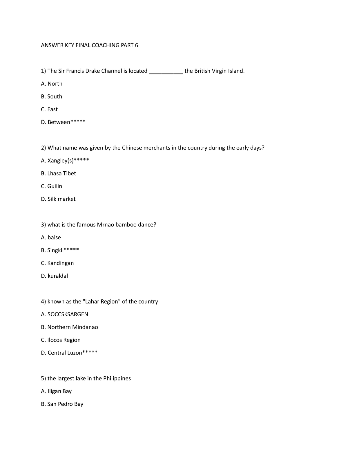 Sample practice Exam Questions And Answers ANSWER KEY FINAL COACHING 