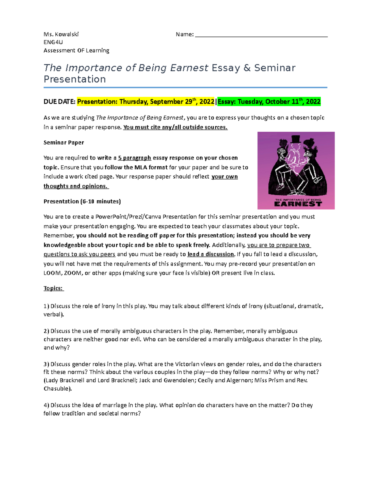 Earnest Essay and Seminar Presentation Topics - ENG4U Assessment OF ...