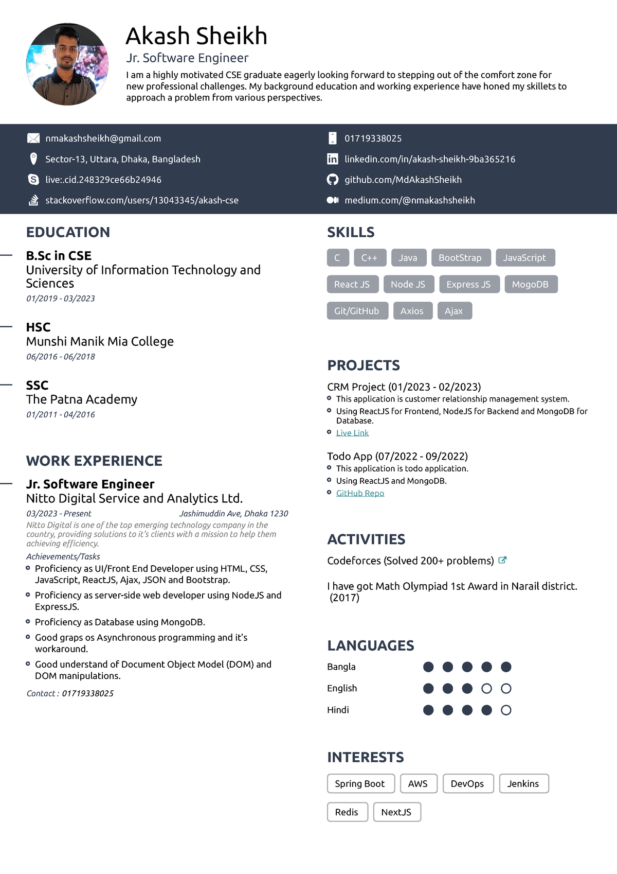 Akash's Resume - Akash Sheikh Jr. Software Engineer I am a highly ...