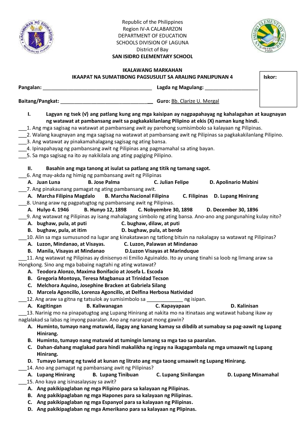 Q2-A.P. 4- Summative TEST-W7-W8 - Republic Of The Philippines Region IV ...