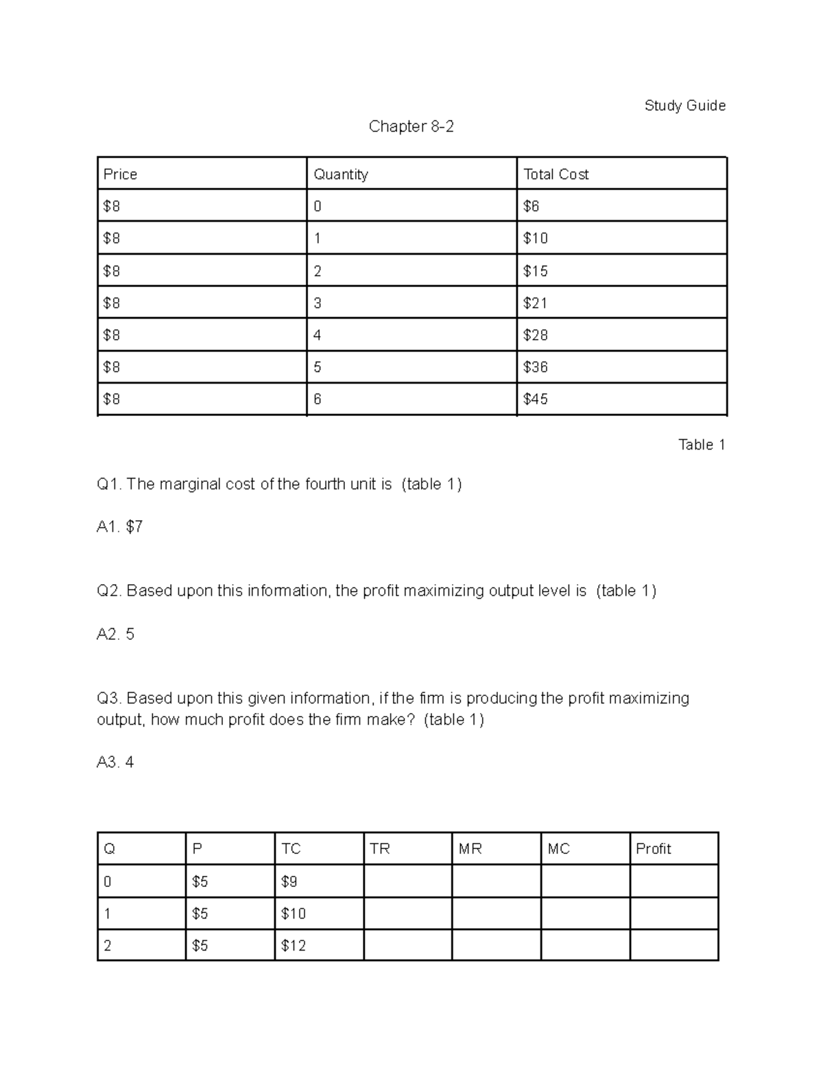 Econ 8 2 Study Guide Study Guide Chapter 8 Price Quantity Total Cost Econ 8 2 Study Guide Study Guide Chapter 8 Price Quantity Total Cost