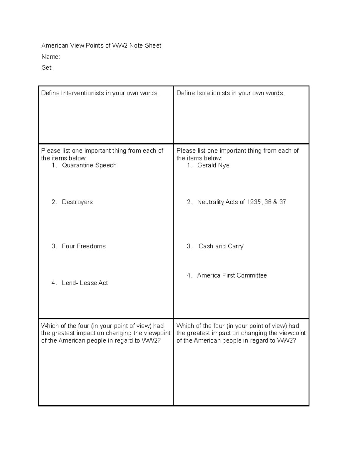 American View Points of WW2 Note Sheet American View Points of WW2 Note Sheet Name Set