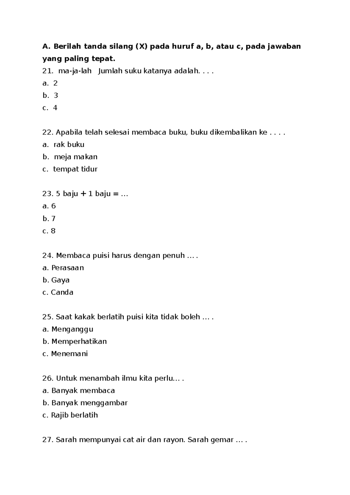 Ak27 - Act - A. Berilah Tanda Silang (X) Pada Huruf A, B, Atau C, Pada ...