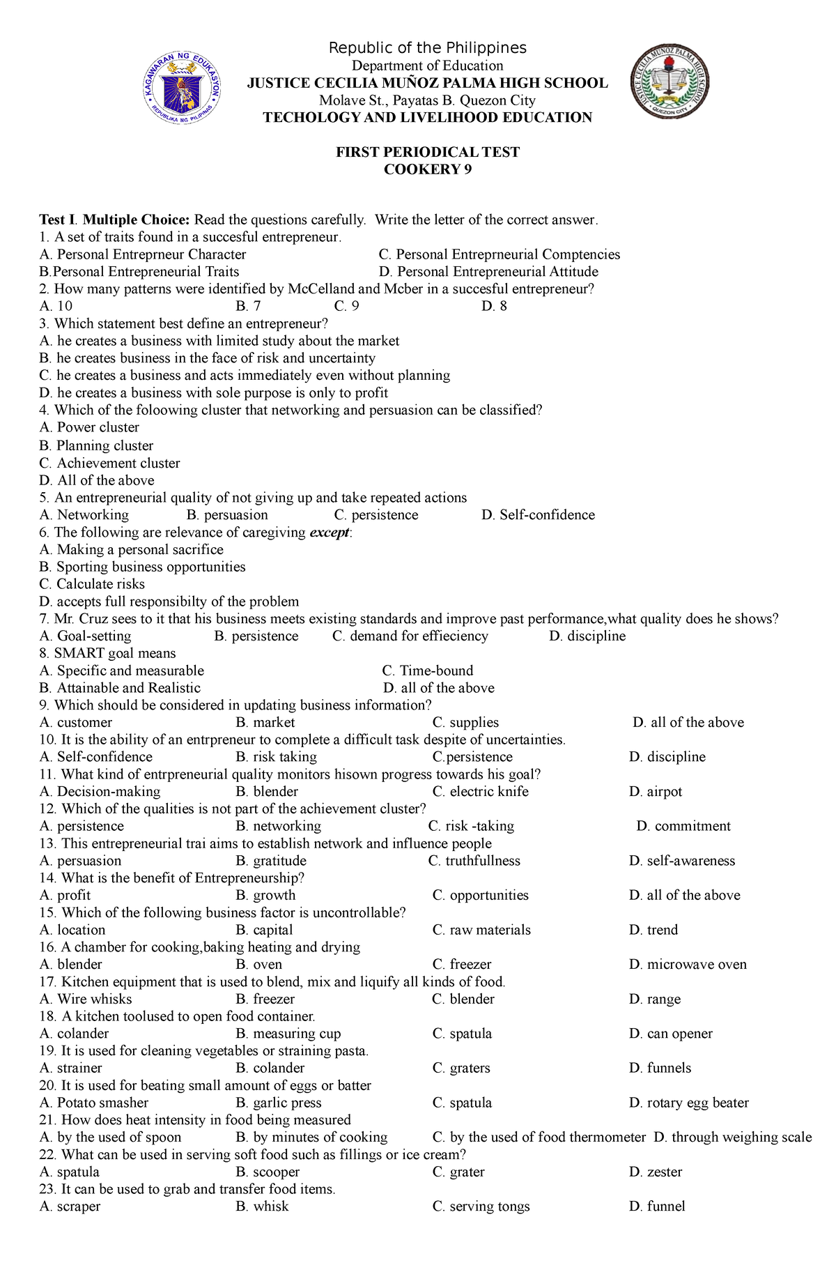 1st Periodical Test Cookery 9 Republic Of The Philippines Department Of Education Justice 