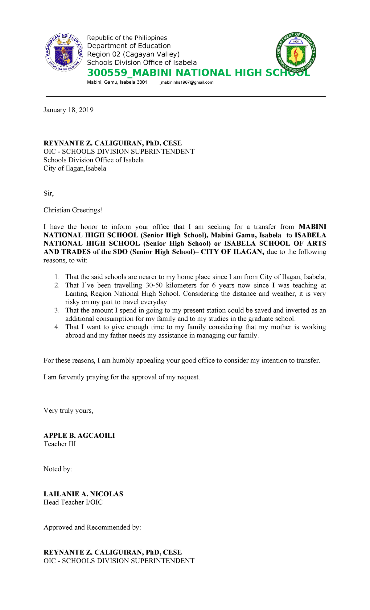 Intent Letter For Swapping - Republic Of The Philippines Department Of 