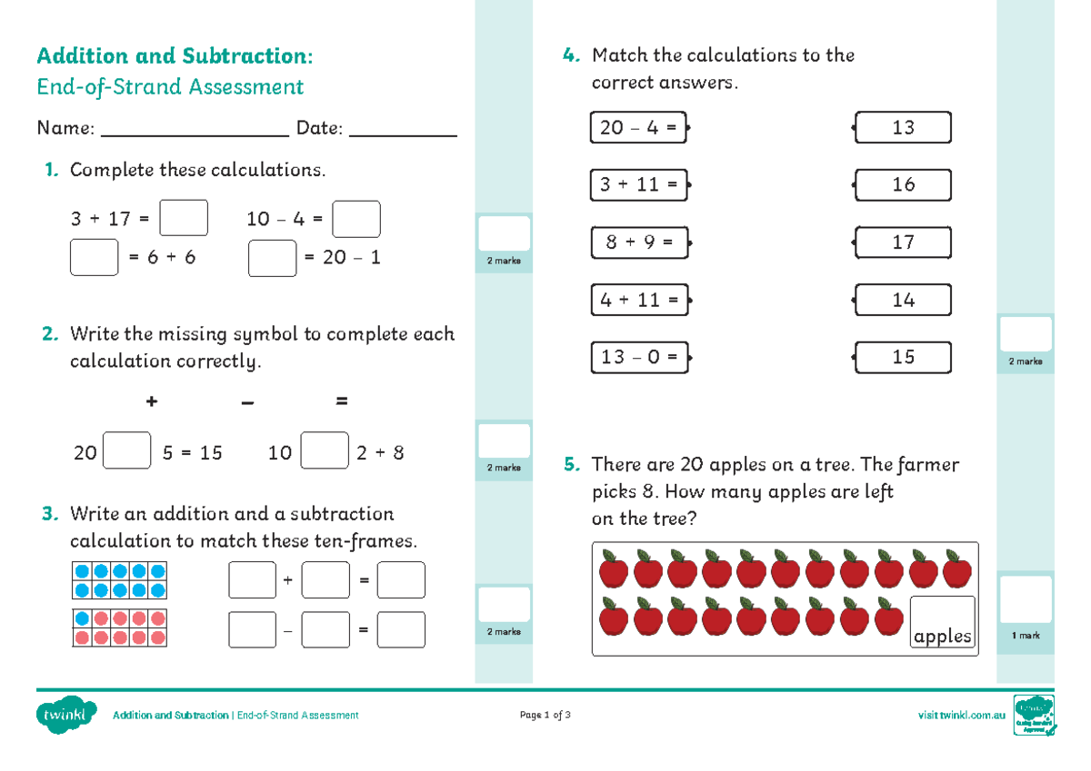 End of Strand Assessment - 1. Complete these calculations. 3 + 17 = = 6 ...