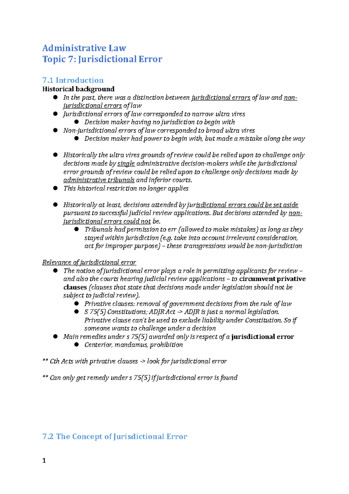 Admin Topic 7 Jurisdictional Error Administrative Law Topic 7