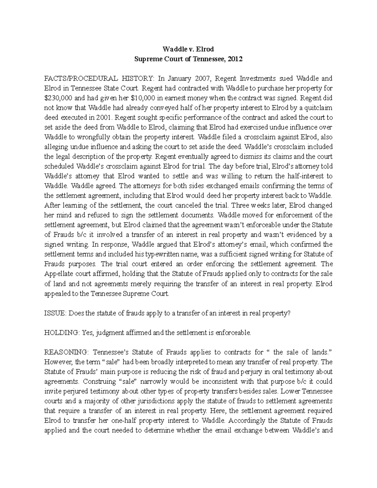 Waddle v. Elrod Waddle v. Elrod Supreme Court of Tennessee, 2012