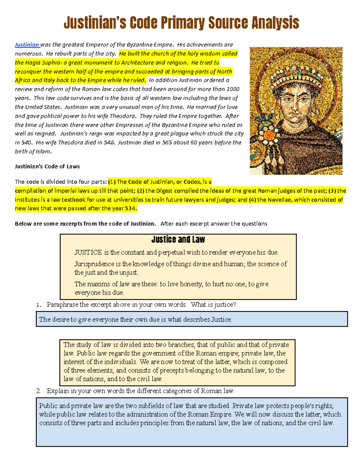 History 2 - Notes - Justinian’s Code Primary Source Analysis Justinian ...