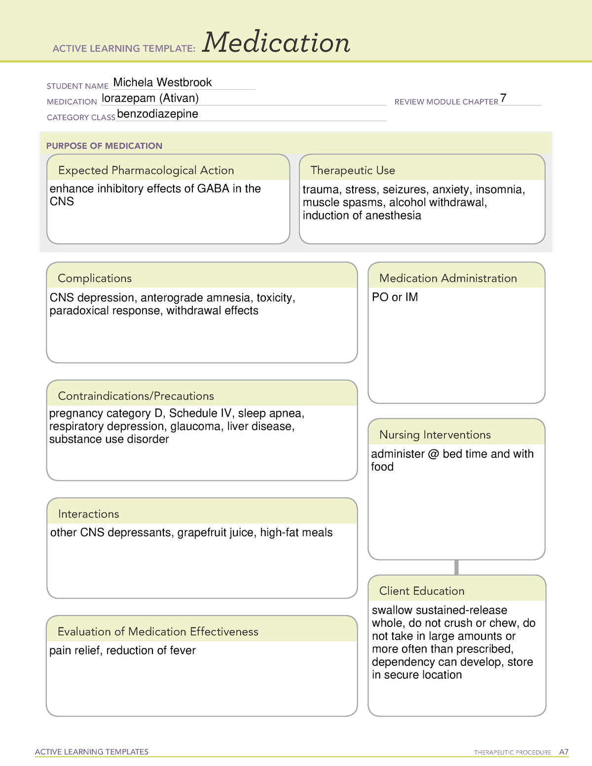 ATI medication template lorazepam ACTIVE LEARNING TEMPLATES
