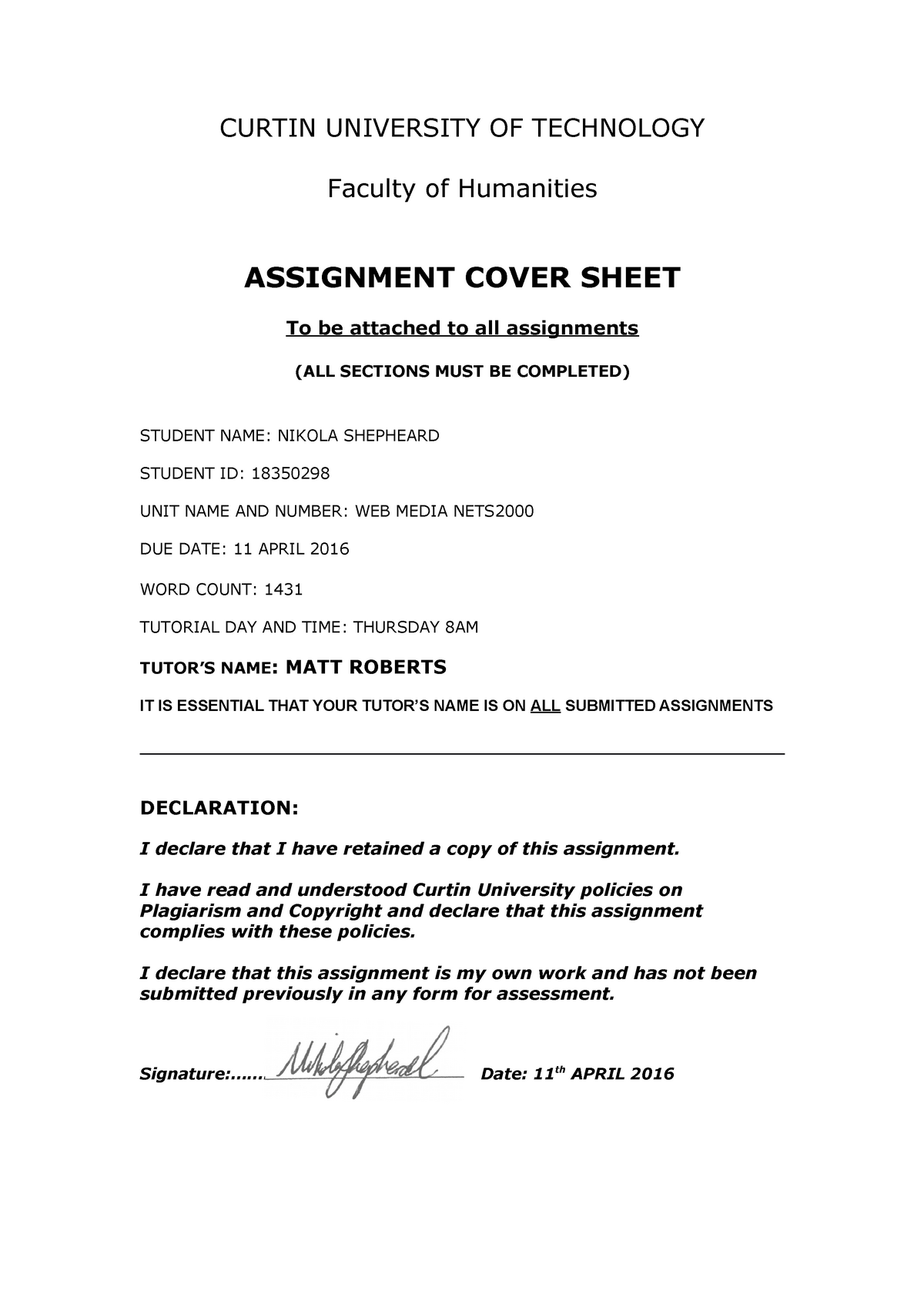 curtin university assignment cover sheet