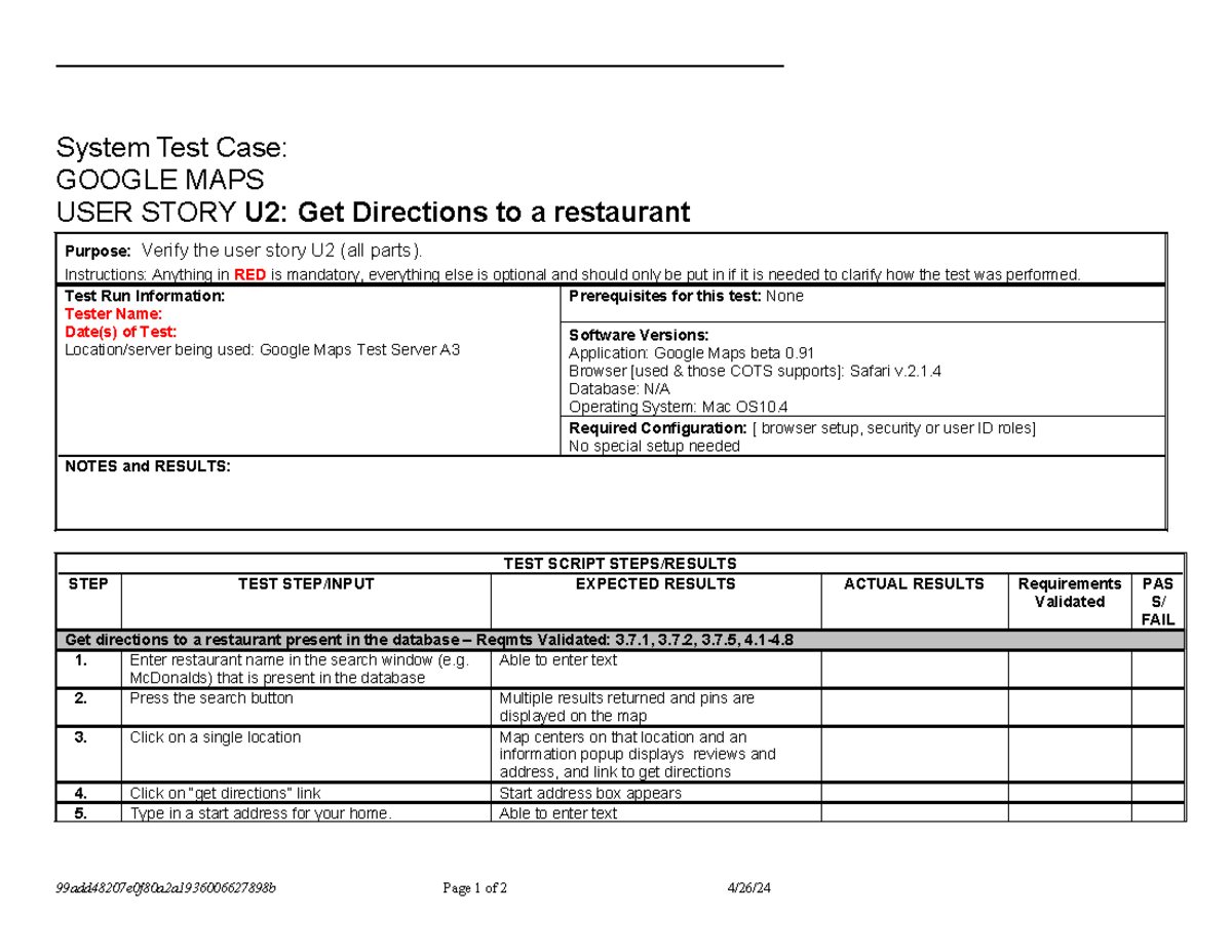 System test case sample - System Test Case: GOOGLE MAPS USER STORY U2 ...