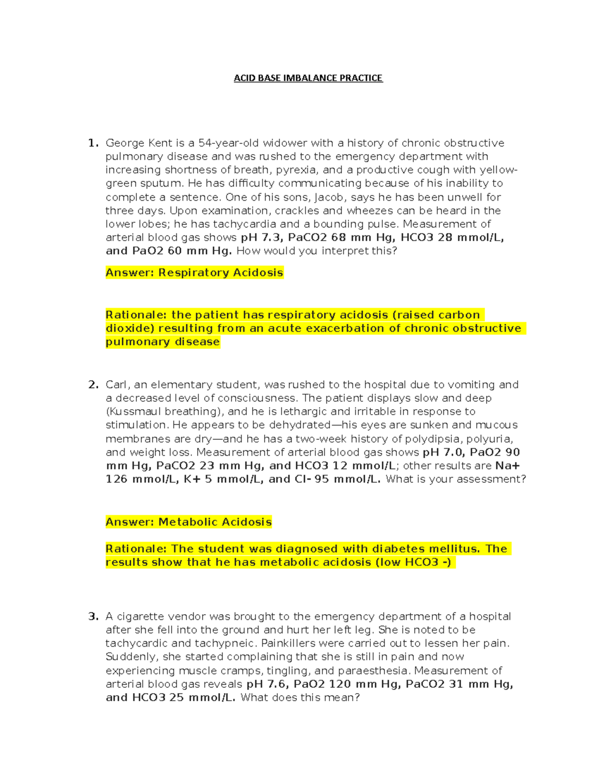 ACID BASE Imbalance Practice Answer KEY ACID BASE IMBALANCE PRACTICE
