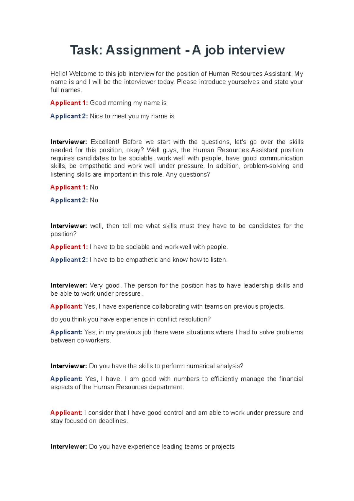 Task3- Grupo - ingles - Task: Assignment - A job interview Hello ...