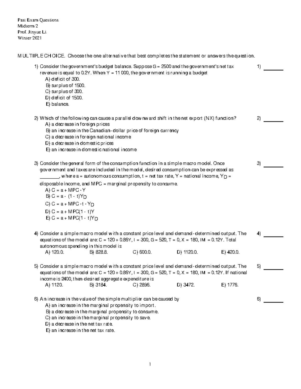 Midterm 2 practice winter 2021 - Past Exam Questions Midterm 2 Prof ...