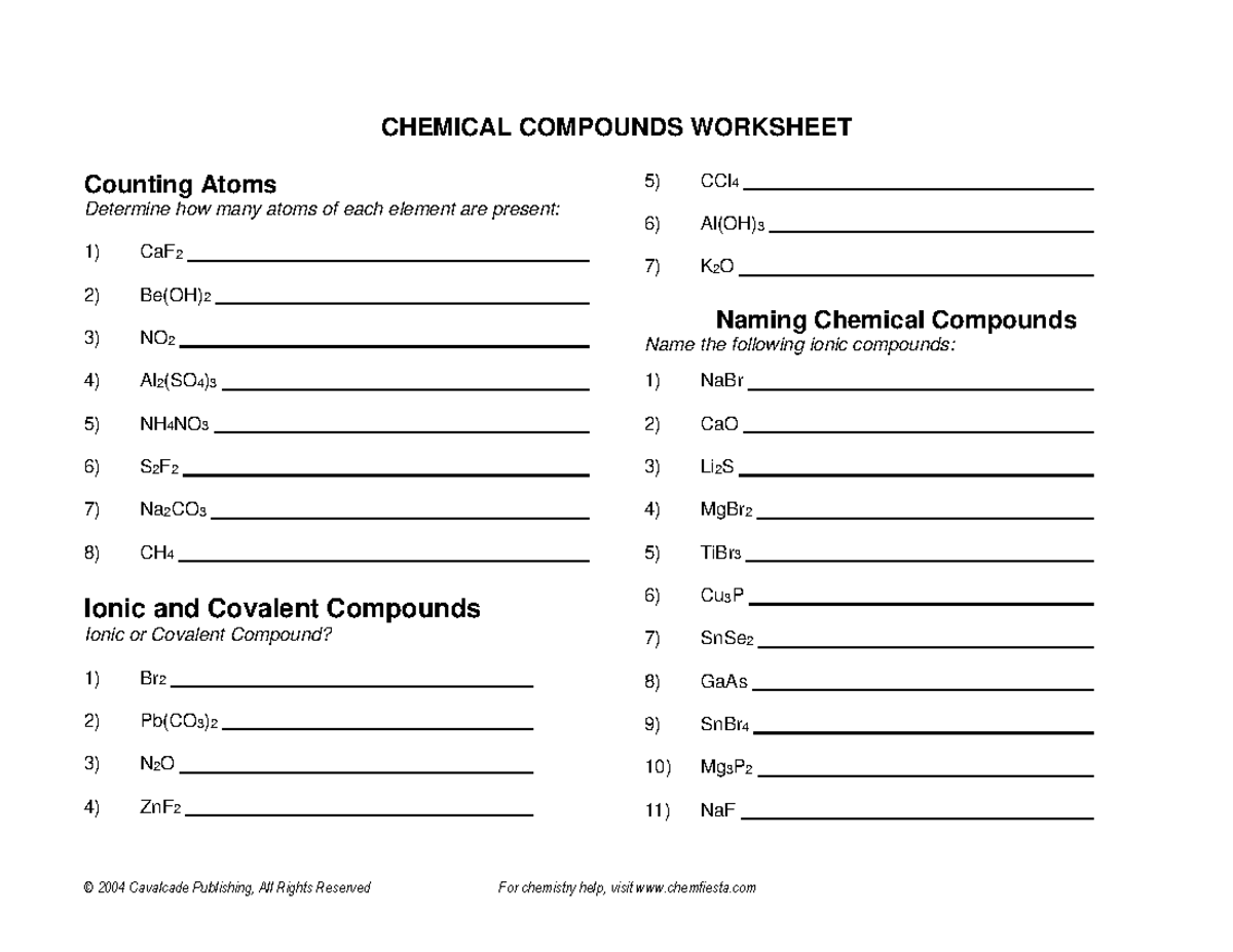 Chemical Compounds Worksheet - © 2004 Cavalcade Publishing, All Rights ...