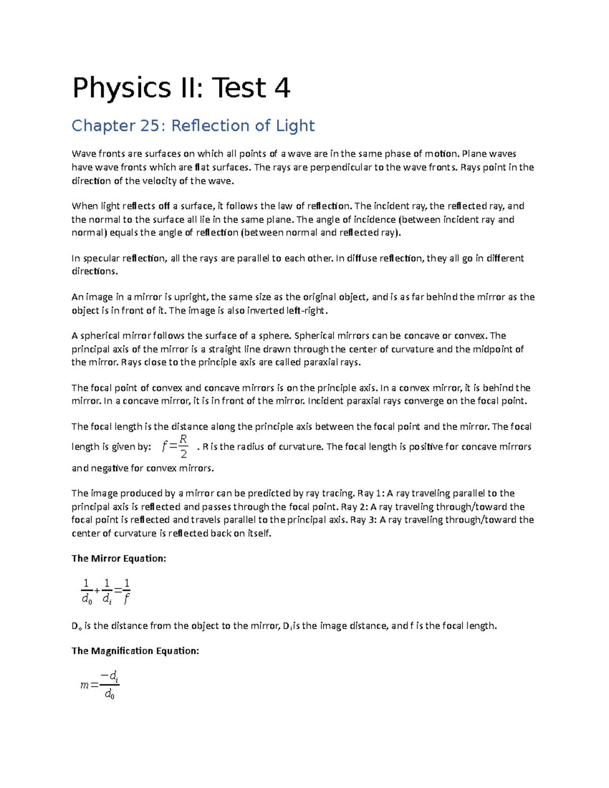 Part 4 Summary General Physics Ii/Trig Physics II Test 4 Chapter
