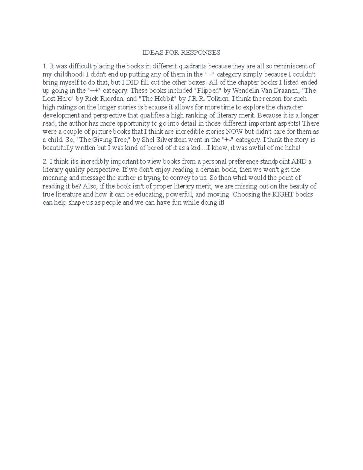 Discuss Book PReferences - 2 - IDEAS FOR RESPONSES It was difficult ...