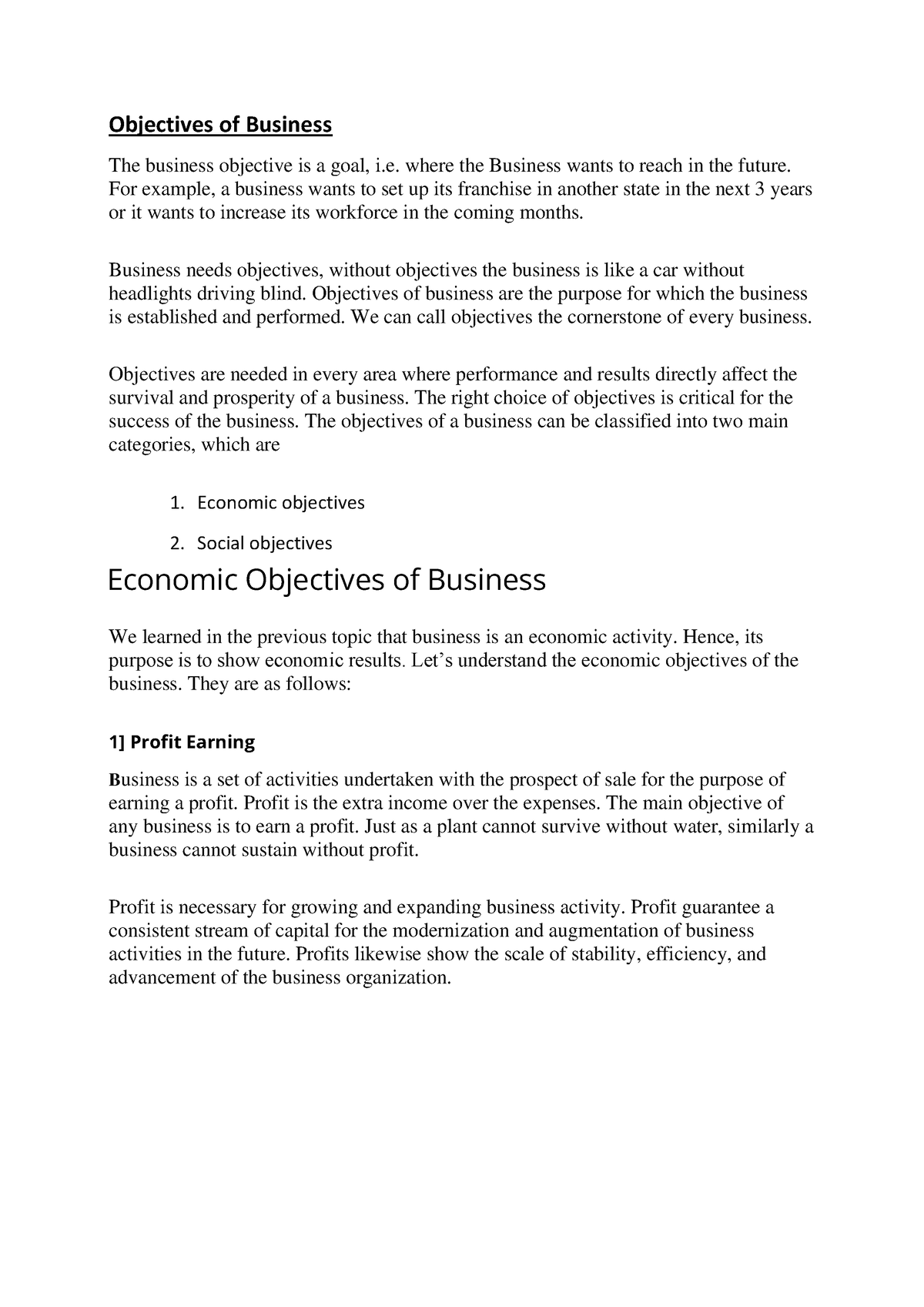 essay about objectives of business