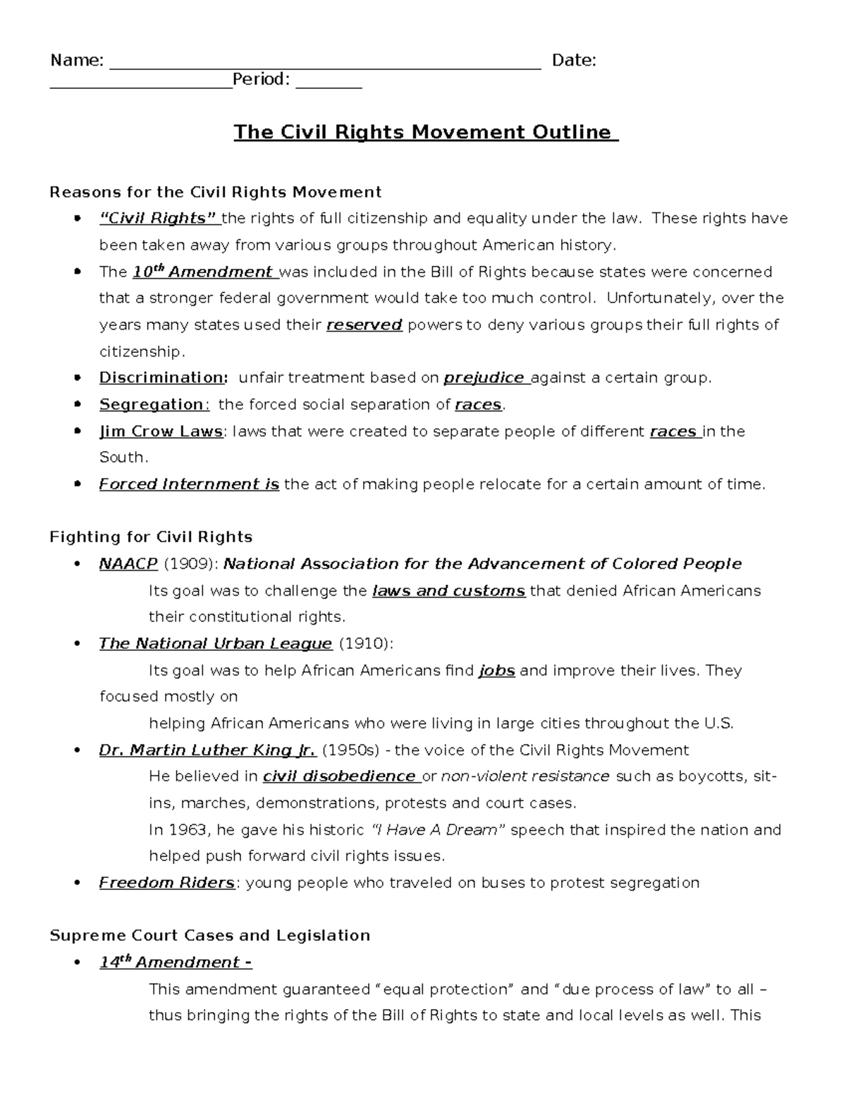 Chapter 6 Civil Rights Outline Packet - Name